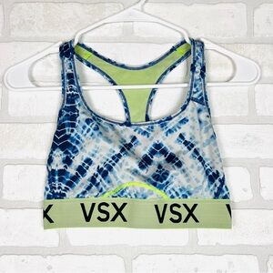 Victorias Secret VSX Sports Bra‎ Small Blue Tie Dye Neon Yellow Trim Racerback
